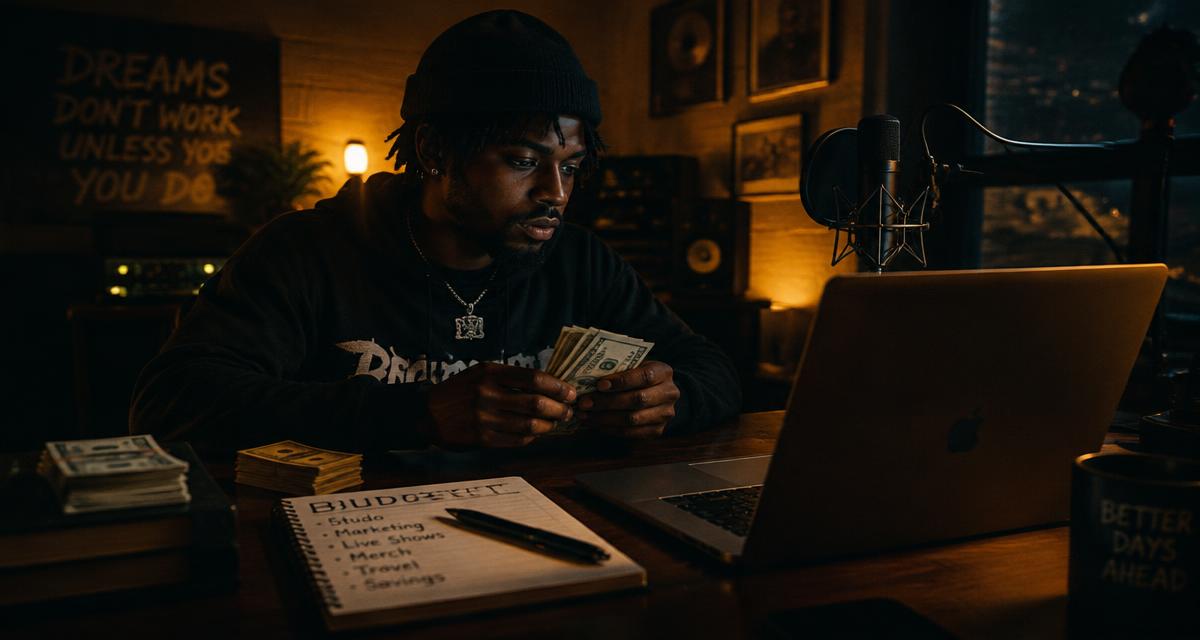 Independent rapper reviewing a feature budget beside a studio microphone