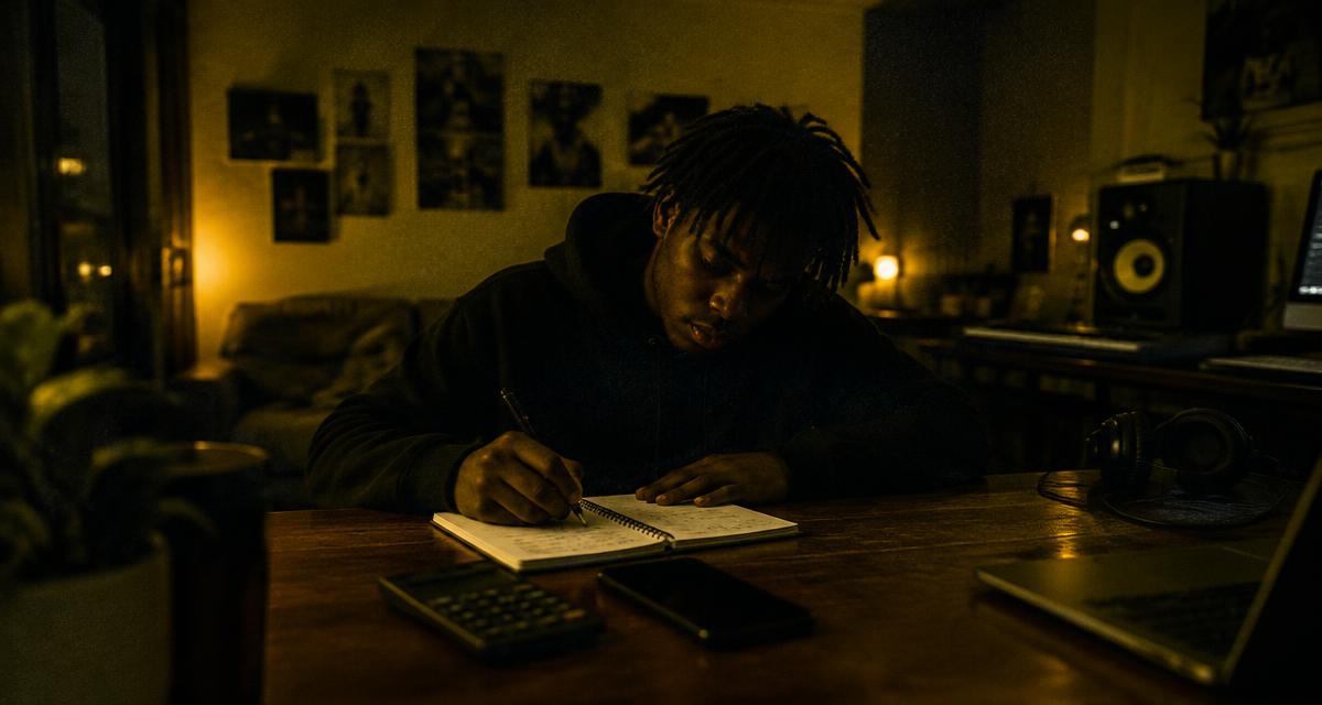 Independent rapper planning feature deliverables and recording time in a notebook