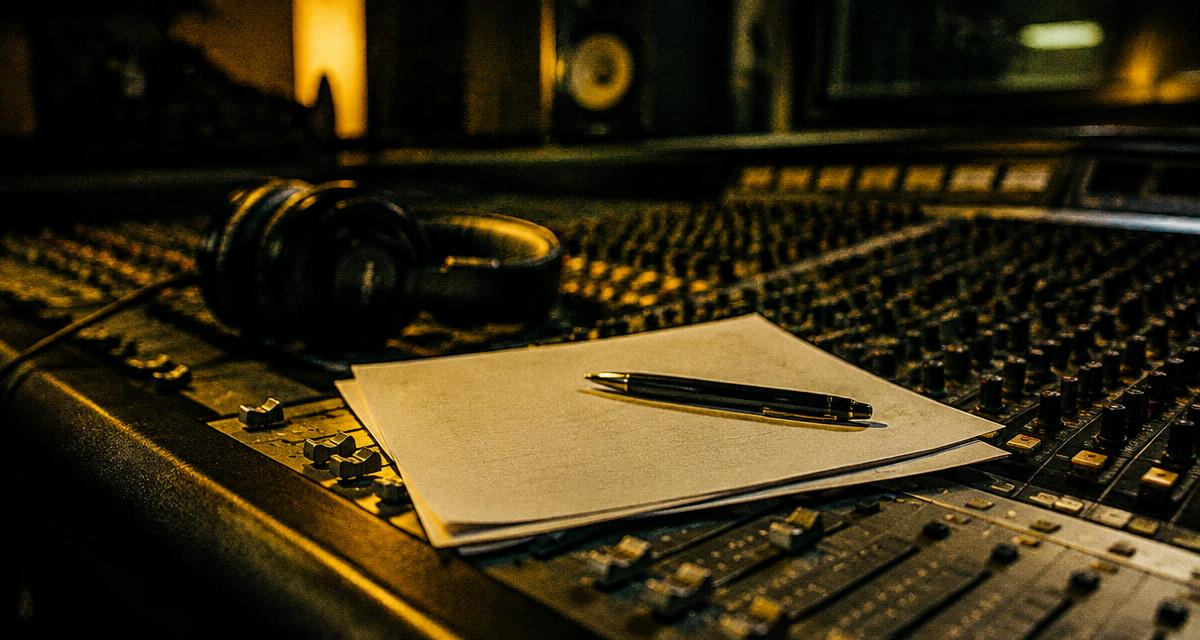 Two rappers reviewing a feature agreement beside a studio mixing console