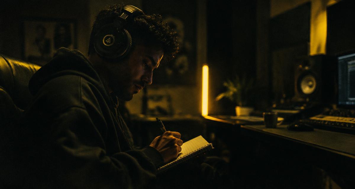 Rapper marking verse ideas while listening to a collaborator’s instrumental